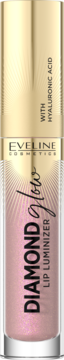 Eveline Diamond Glow lip luminizer: pink shimmery gloss in a clear tube with gold cap, featuring hyaluronic acid.