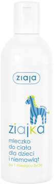 Biała butelka Ziaja Ziajka mleczko do ciała dla dzieci, z niebieską zebrą, po 1. miesiącu życia.