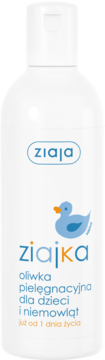 Ziaja Ziajka oliwka pielęgnacyjna dla dzieci od 1. dnia życia, biała butelka z niebieską kaczuszką, widok z przodu.