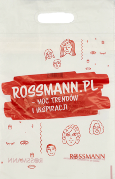 Biała torba plastikowa Rossmann.pl z czerwonym logo, hasłem "Moc trendów i inspiracji" i grafikami twarzy, widok z przodu.