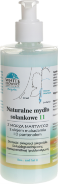 Naturalne mydło solankowe White Flowers z Morza Martwego w przezroczystej butelce z białą pompką, widok z przodu.
