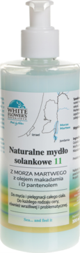 Naturalne mydło solankowe White Flowers z Morza Martwego w przezroczystej butelce z białą pompką, widok z przodu.
