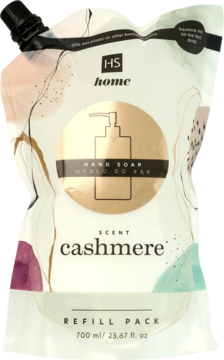 Opakowanie uzupełniające mydła HS Home Cashmere 700 ml, biały doypack z kolorowymi plamami.