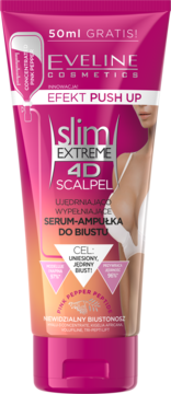 Różowa tubka Eveline Slim Extreme 4D Scalpel serum do biustu, z efektem push-up i napisem "50ml GRATIS!".