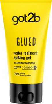 Żółta tubka got2b GLUED, wodoodporny żel do włosów z ekstremalnym utrwaleniem 6/6, widok z przodu.