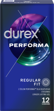 Ciemnoniebieskie pudełko prezerwatyw Durex Performa, 12 sztuk, z logo i napisem Regular Fit, widok z przodu, żel Longer Lasting.