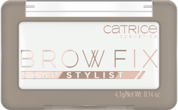 Kompaktowe mydło do stylizacji brwi Catrice Brow Fix Soap Stylist w beżowej kasetce z różowozłotym logo.