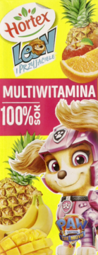 Żółte opakowanie soku Hortex 100% multiwitamina. Z przodu pies Skye z Psiego Patrolu, owoce i napis Leo i Przyjaciele.