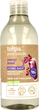 tolpa. HYDRO SHOT micelarny płyn nawilżający w przezroczystej butelce z brązową etykietą, widok z przodu.