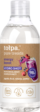 tołpa. pure trends HYDRO SHOT energy boost, micelarny płyn nawilżający, przezroczysta butelka z grafiką Acai, wiśni, jabłek.