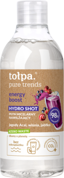 Tołpa Pure Trends Energy Boost Hydro Shot płyn micelarny w przezroczystej butelce, brązowa etykieta z owocami, widok z przodu.