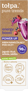 Brązowe opakowanie kremu pod oczy tołpa. pure trends Power Up z fioletowym koktajlem, jagody Acai, 98% natury.