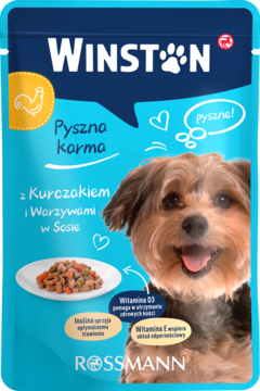 Winston karma dla psów z kurczakiem i warzywami w sosie, niebieska saszetka z psem i talerzem karmy.