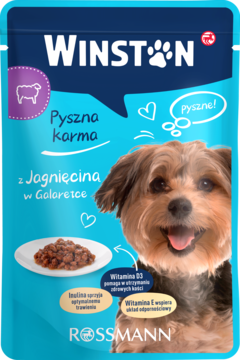 Turkusowa saszetka karmy Winston dla psów, jagnięcina w galaretce, z psem rasy york, widok z przodu.