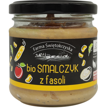 Słoik BIO smalczyku z fasoli Farma Świętokrzyska, z czarną nakrętką i etykietą z fasolkami i pomidorem, widok z przodu.