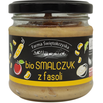 Słoik BIO smalczyku z fasoli Farma Świętokrzyska, z czarną nakrętką i etykietą z fasolkami i pomidorem, widok z przodu.