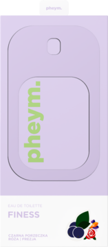 Fioletowa butelka Pheym FINESS Eau de Toilette z zielonym logo Pheym i nutami czarnej porzeczki, róży, frezji.