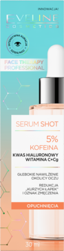 Eveline Serum Shot 5% Kofeina na opuchnięcia i zmęczenie oczu, w turkusowo-pomarańczowym opakowaniu, przód.