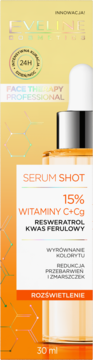 Eveline Serum Shot 15% wit. C+Cg, rozświetlające serum w żółto-pomarańczowym pudełku, widok z przodu.