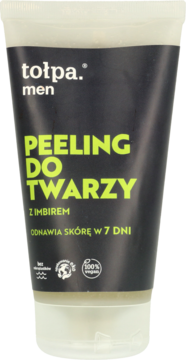 Tołpa Men peeling do twarzy z imbirem w ciemnoszarej tubce z zielonymi napisami, widok z przodu.