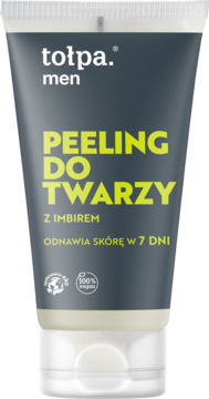 Tołpa Men peeling do twarzy z imbirem w szarej tubce, napis odnawia skórę w 7 dni, widok z przodu.