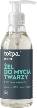 Tołpa men, żel do mycia twarzy z zieloną herbatą w przezroczystej butelce z pompką, ciemnozielona etykieta.