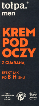 tołpa. men Krem pod oczy z guaraną w czarnym opakowaniu, z efektem jak po 8h snu, widok z przodu.