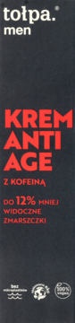 Tołpa men KREM ANTI AGE z kofeiną, redukujący zmarszczki, ciemnoszare opakowanie z czerwonym tekstem, przód.
