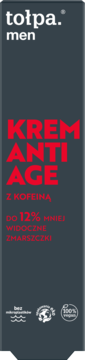 Tołpa Men Krem Anti Age z kofeiną, ciemnoszare opakowanie z białym i czerwonym tekstem, widok z przodu.