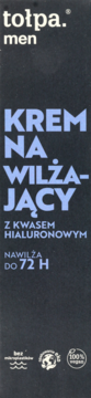 Tołpa men krem nawilżający z kwasem hialuronowym, ciemne opakowanie z jasnoniebieskim tekstem, widok z przodu.