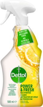 Dettol Power & Fresh 500ml, antybakteryjny spray cytrynowy, biała butelka z zielono-żółtą etykietą, widok z przodu.