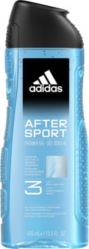 Adidas After Sport, niebieski żel pod prysznic 3w1, 400ml, z przezroczystej butelki z bąbelkami, frontalnie.