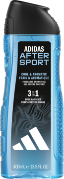 Żel pod prysznic Adidas After Sport 3w1 "Cool & Aromatic", niebieska butelka z czarną etykietą, widok z przodu.