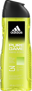 Adidas Pure Game 3-in-1 shower gel in a bright yellow-green 400ml recycled bottle, front view.