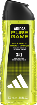 Żel pod prysznic Adidas Pure Game 3w1, fluorescencyjna żółta butelka z czarną nakrętką, 400ml. Głęboki, aromatyczny zapach.