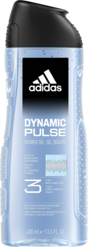 Błękitny żel pod prysznic Adidas Dynamic Pulse 3w1, butelka 400ml z czarną nakrętką, widok z przodu.