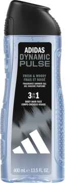 Żel pod prysznic Adidas Dynamic Pulse 3-w-1 Fresh & Woody, 400ml, przezroczysta butelka, front.