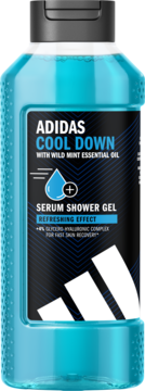 Serum żel pod prysznic Adidas Cool Down z dziką miętą, niebieska butelka, czarna etykieta, widok z przodu.
