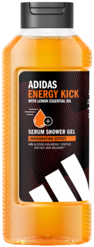Adidas Energy Kick męski serum-żel pod prysznic, pomarańczowa butelka z olejkiem cytrynowym i efektem orzeźwiającym.