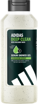 Adidas Deep Clean Serum Shower Gel z wulkaniczną skałą, złuszczający, w przezroczystej butelce, front.