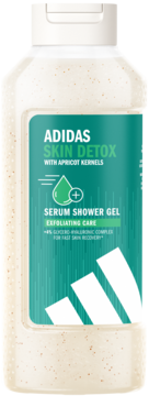 Adidas Skin Detox Serum Shower Gel, butelka z peelingującymi pestkami moreli, etykieta zielono-biała, widok z przodu.