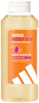 Adidas Energy Kick Serum Shower Gel z pomarańczowym olejkiem, w przezroczystej butelce z pomarańczową etykietą, widok z przodu.