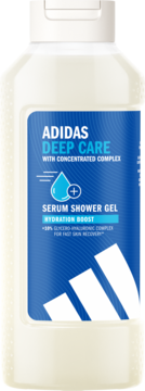 Adidas Deep Care Serum Shower Gel Hydration Boost w białej butelce z niebieską etykietą.