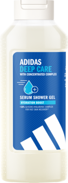 Adidas Deep Care Serum Shower Gel Hydration Boost w białej butelce z niebieską etykietą.