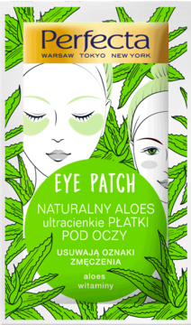 Perfecta Eye Patch, aloesowe płatki pod oczy z witaminami, białe opakowanie z grafiką liści aloesu.