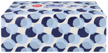 Miękkie chusteczki higieniczne 4-warstwowe, 110 sztuk, w białym pudełku z niebieskimi kółkami, widok z góry.