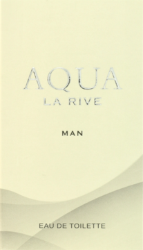 Przednie ujęcie beżowego pudełka wody toaletowej La Rive Aqua Man z srebrnymi napisami.