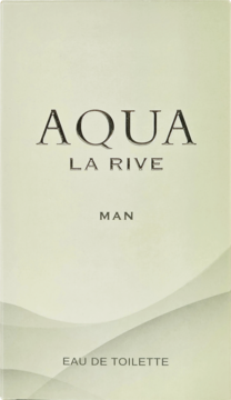 Front beżowego opakowania LA RIVE Aqua Man Eau de Toilette z czarnym napisem i subtelnym, falistym wzorem.
