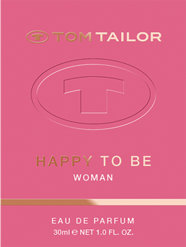 Różowe opakowanie perfum Tom Tailor Happy To Be Woman EDP 30ml, z wytłoczonym logo i złotymi napisami.