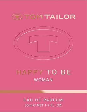 Różowy kartonik Tom Tailor Happy To Be Woman EDP 50ml, złote napisy i wytłoczone logo, widok z przodu.